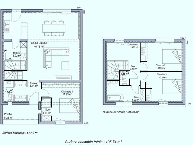 Plan maison 105m², 3 chambres, étage