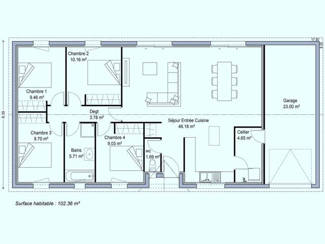 Plan maison 102m², 4 chambres, garage, cellier