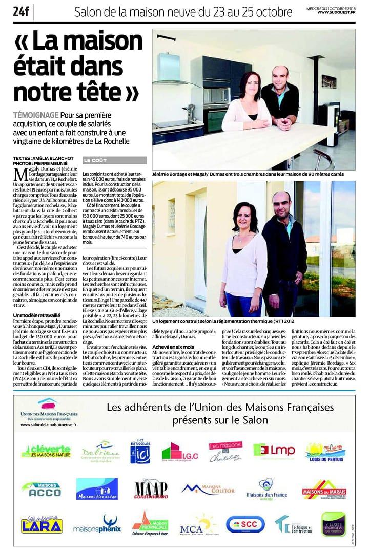 Article Sud Ouest Salon de la Maison Neuve La Rochelle 2015