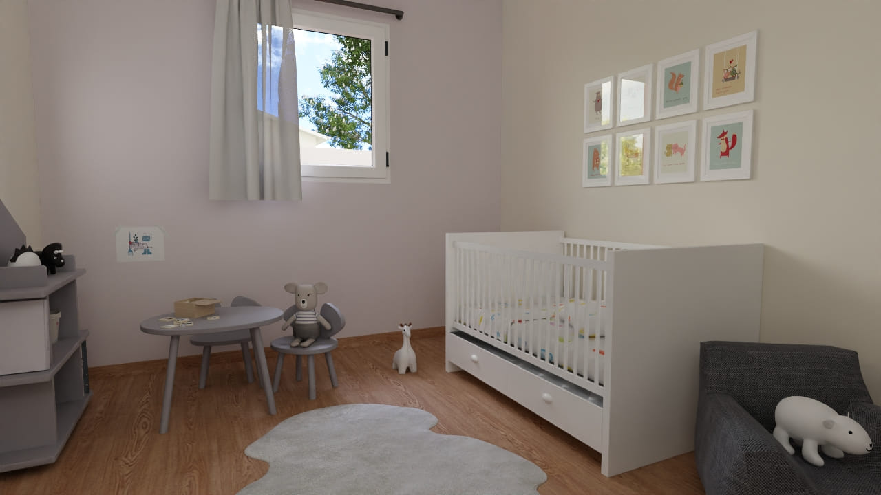 Chambre bébé moderne lumineuse meubles doux décoration animaux