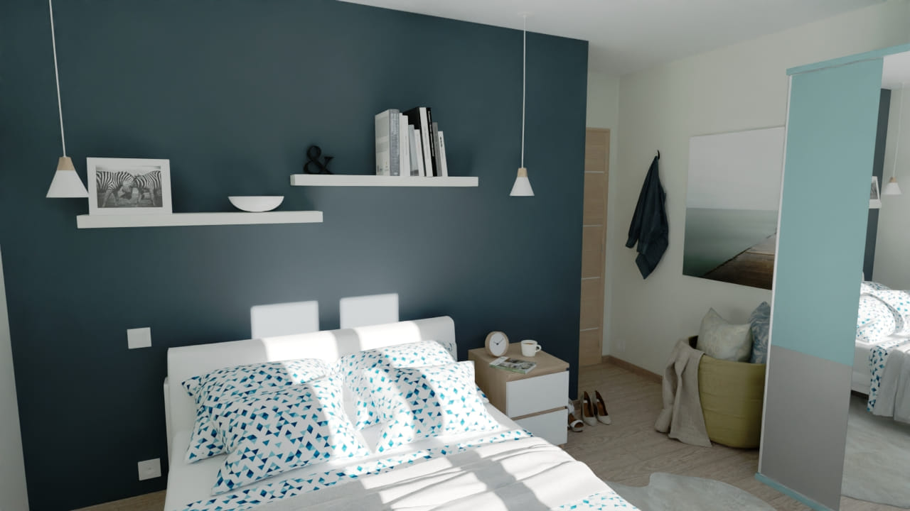 Chambre moderne épurée avec décoration murale tendance