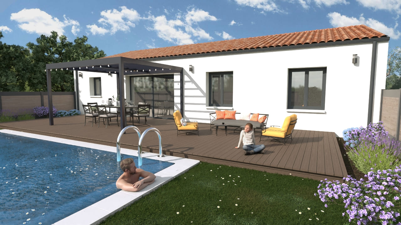 Maison moderne avec piscine, terrasse, détente au soleil