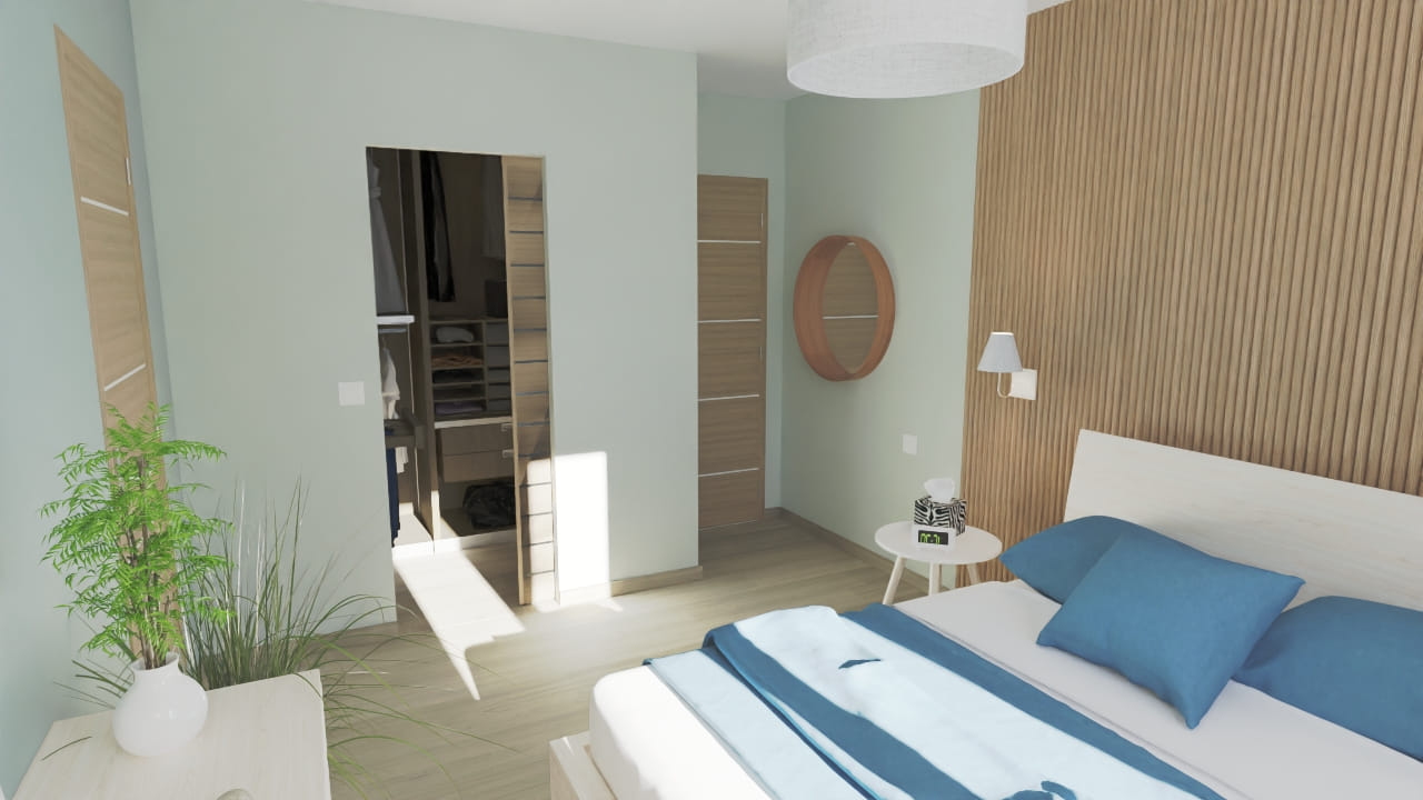 Chambre moderne lumineuse avec design épuré et touches de bleu