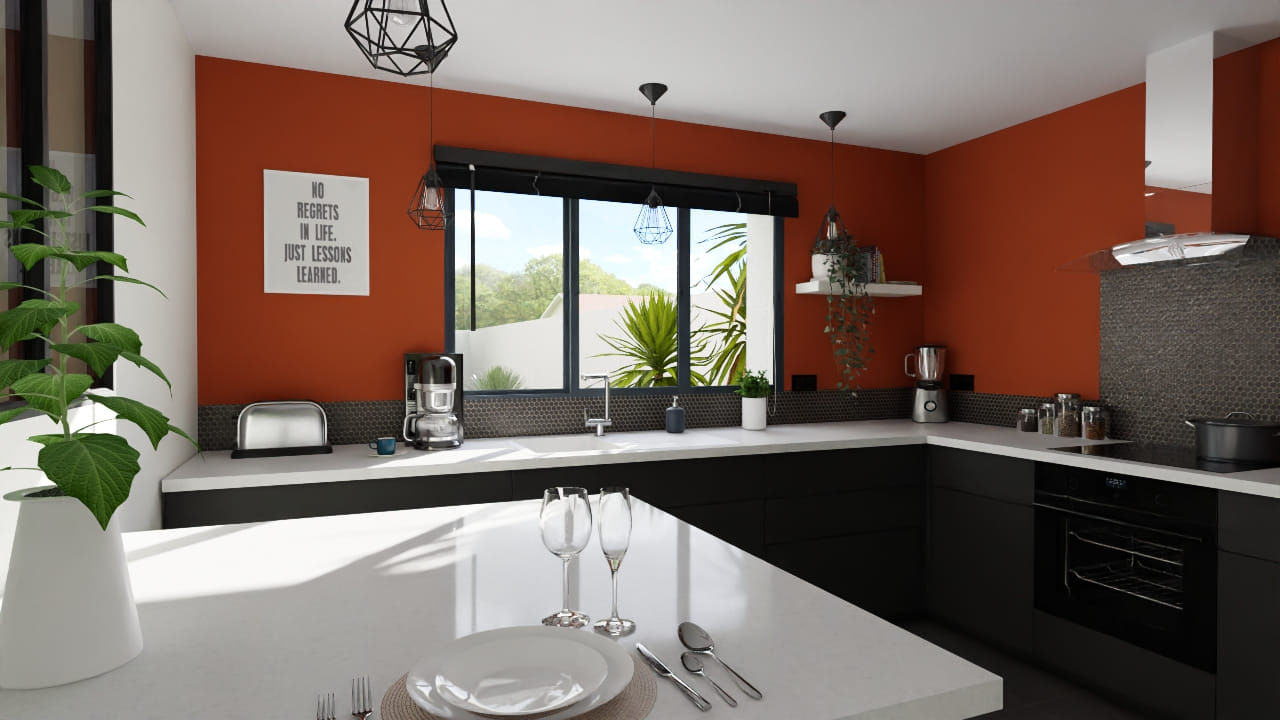 Cuisine moderne épurée mur orange design élégant lumineux