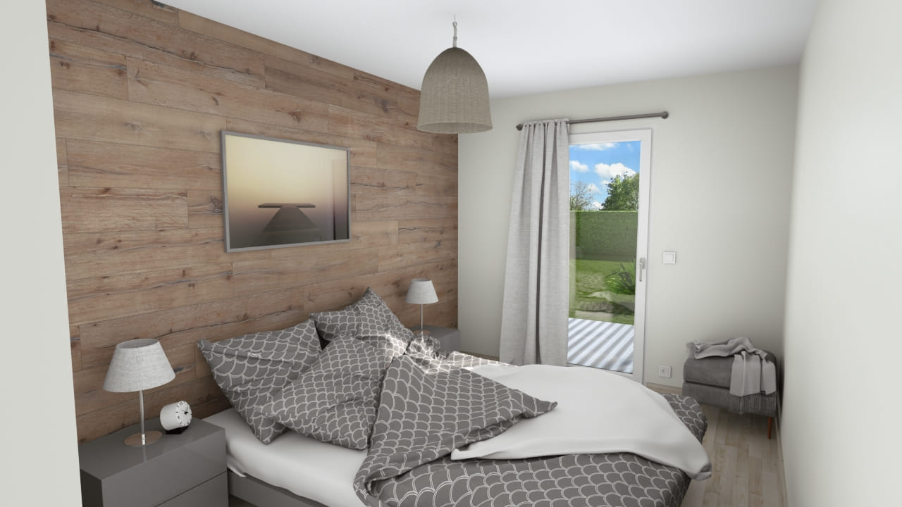 Chambre moderne lumineuse, déco bois, style épuré, confort luxe