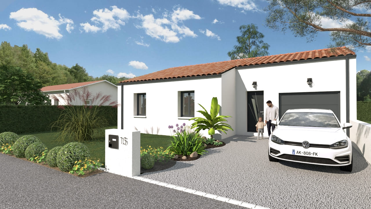 Maison contemporaine toit tuiles garage jardin modèle 3D