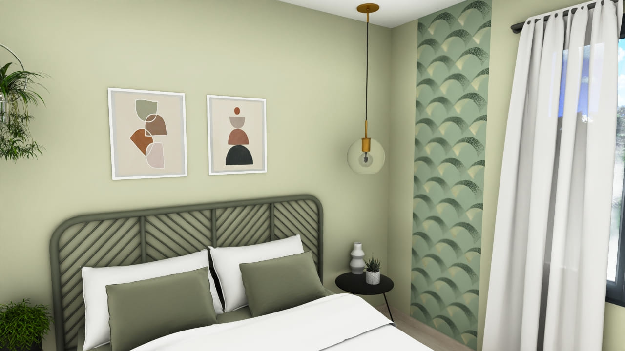 Chambre moderne épurée avec art mural et design géométrique