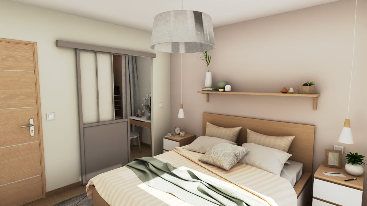 Chambre moderne épurée avec éclairage cosy et déco tendance