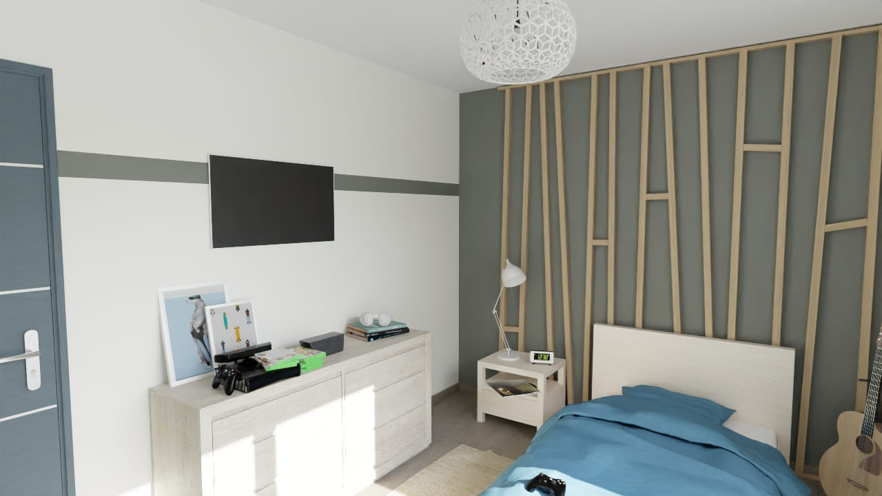 Chambre moderne épurée avec décoration murale tendance