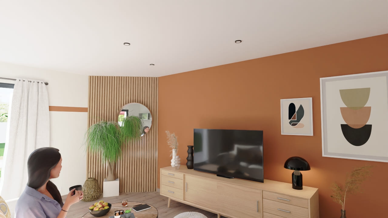Salon moderne lumineux décoration terracotta confort élégant design