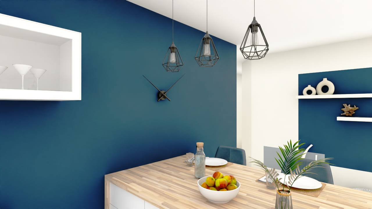 Cuisine moderne épurée, luminaires tendance, décoration bleu marine