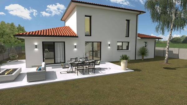 Maison moderne élégante avec terrasse extérieure et jardin verdoyant