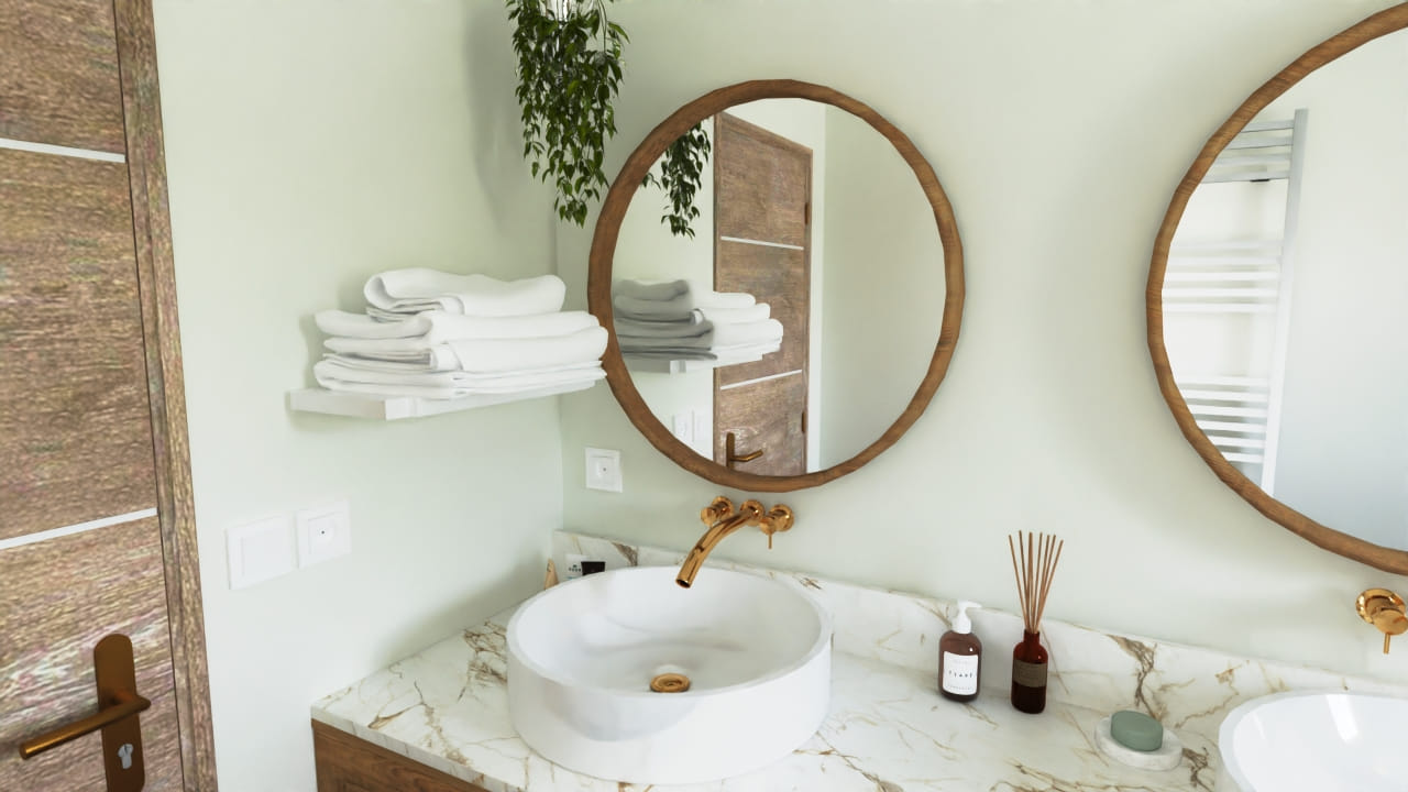 Salle de bain moderne élégante avec miroir rond et plantes