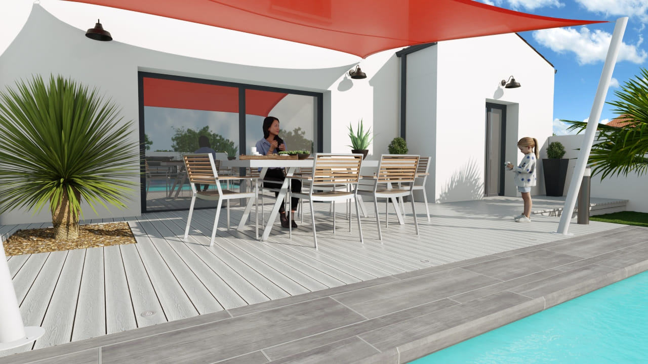 Grande baie vitrée, terrasse extérieure avec mobilier et piscine