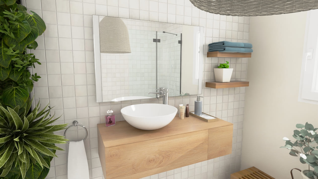 Salle de bain moderne épurée avec vasque blanche design