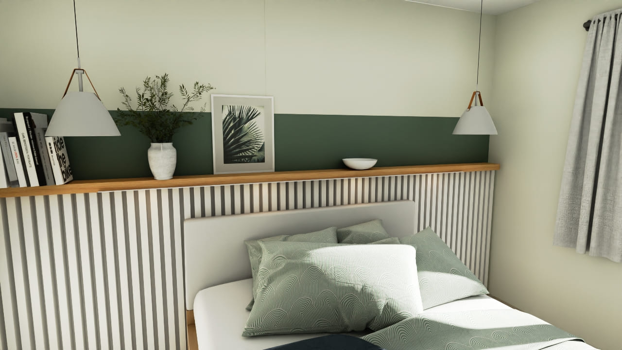 Chambre moderne épurée avec décoration verte et éclairage suspendu