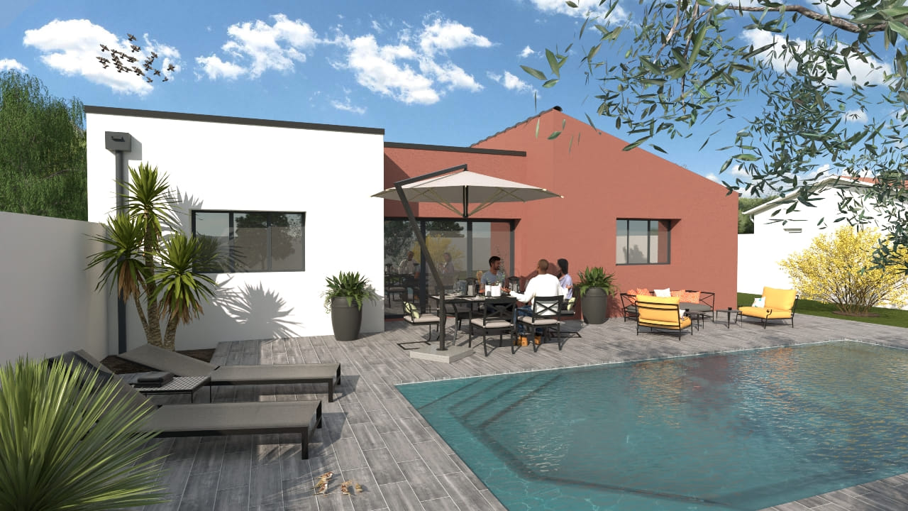 Maison moderne terrasse piscine détente jardin design extérieur