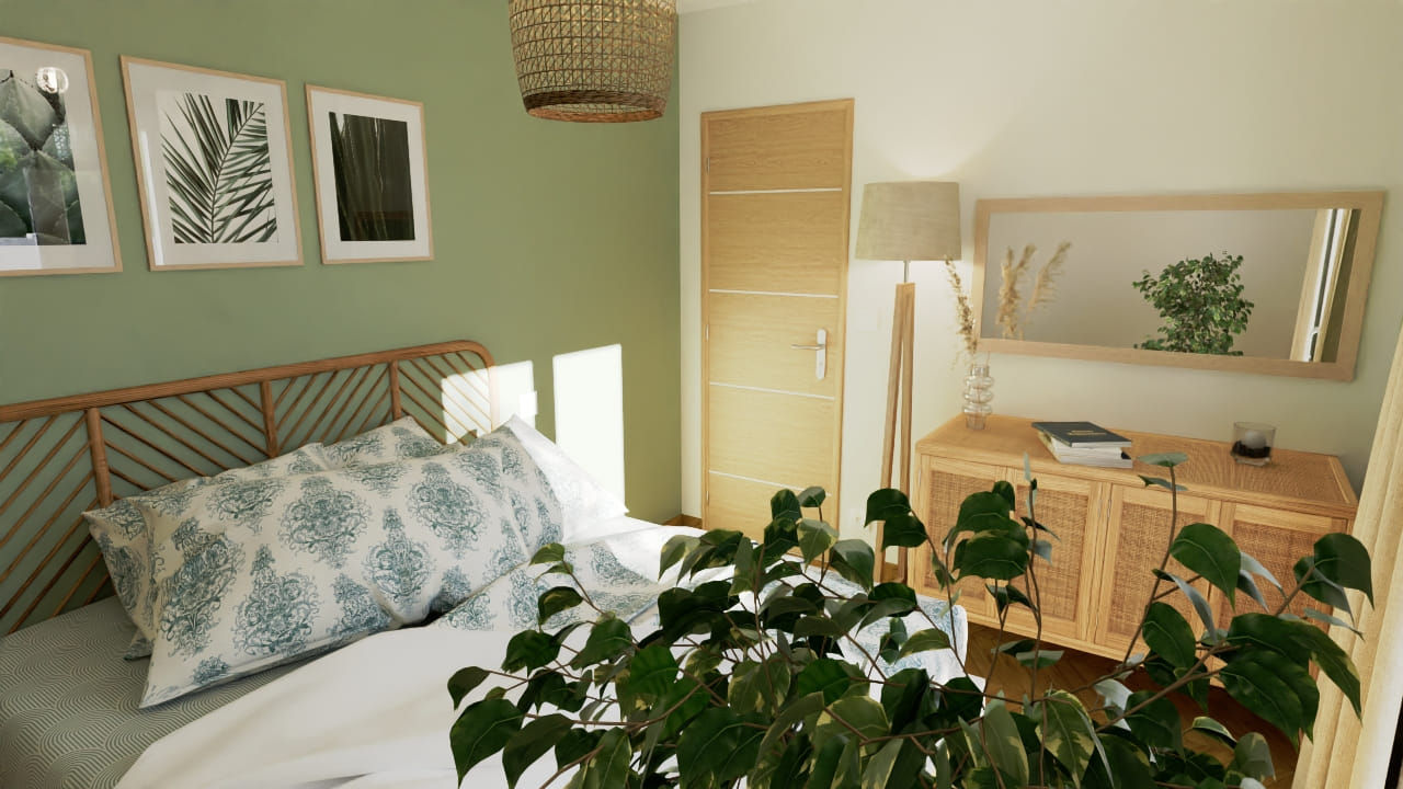 Chambre paisible moderne avec déco nature et plantes vertes