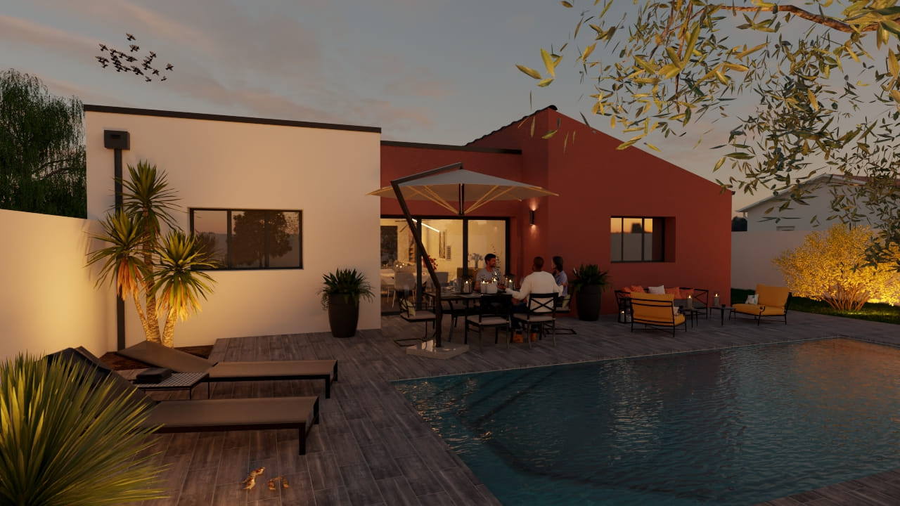 Maison moderne élégante avec piscine au coucher de soleil