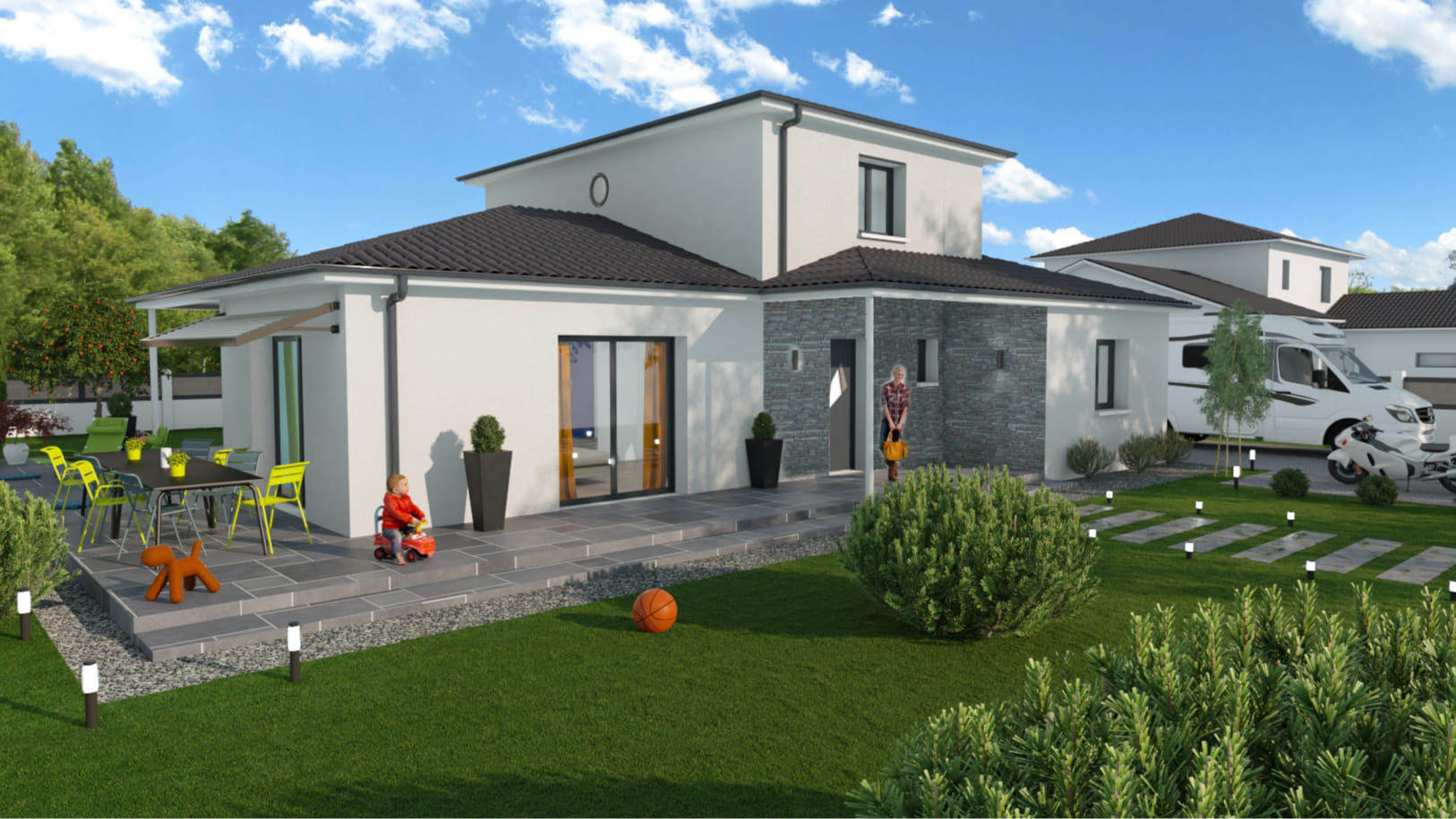Maison contemporaine avec jardin, terrasse et étage