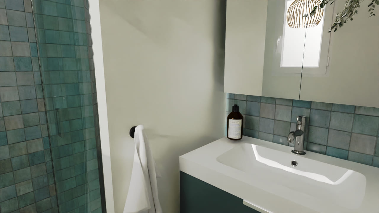 Salle de bain moderne épurée avec carrelage bleu design