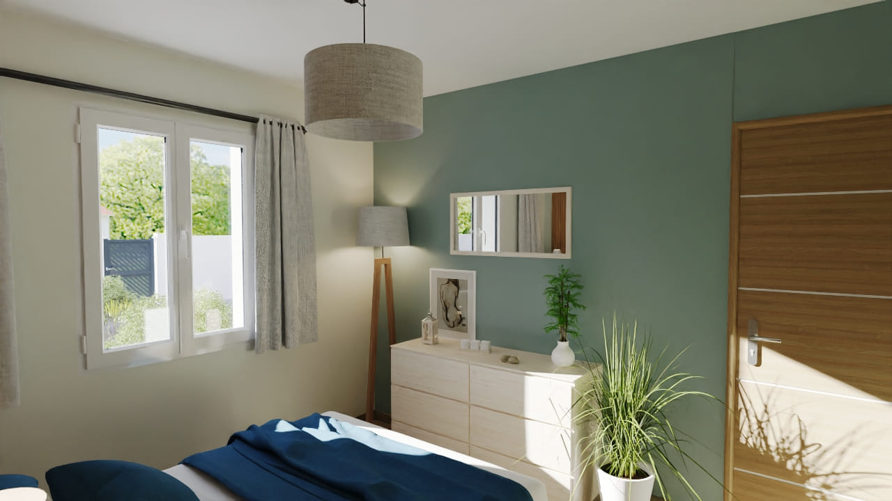 Chambre moderne lumineuse déco épurée vue jardin