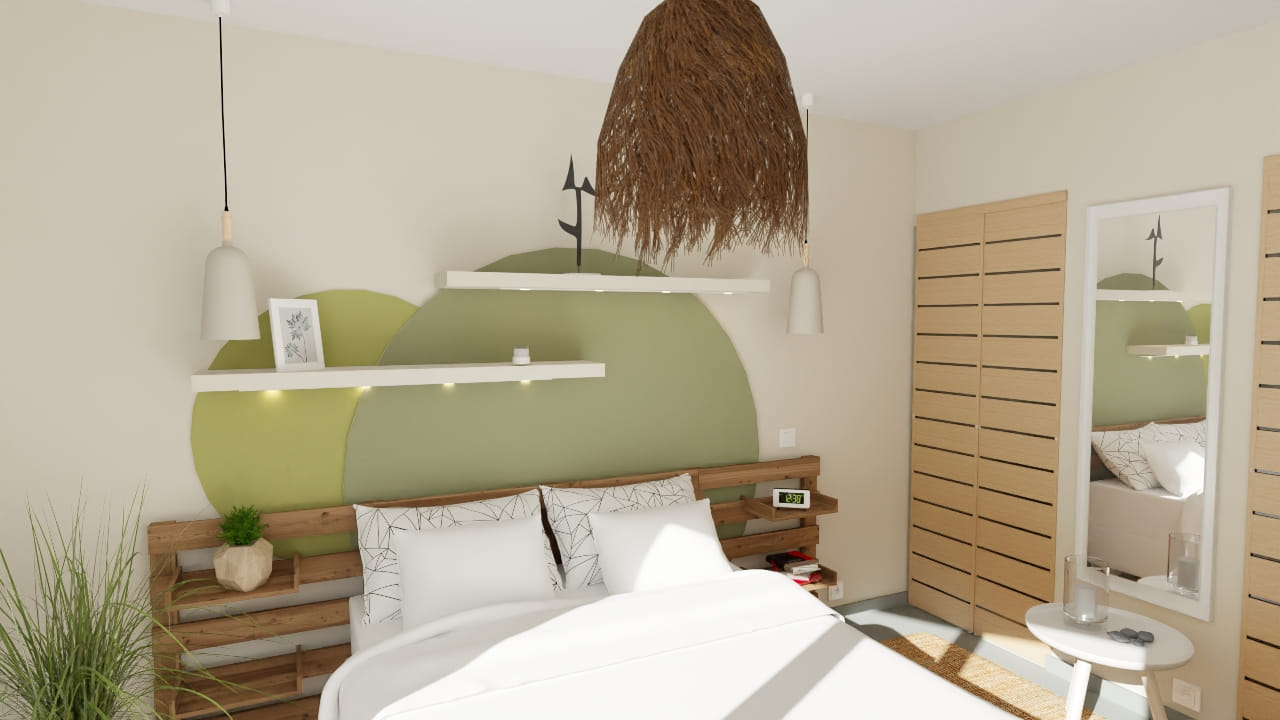 Chambre moderne épurée avec déco naturelle et lit confortable