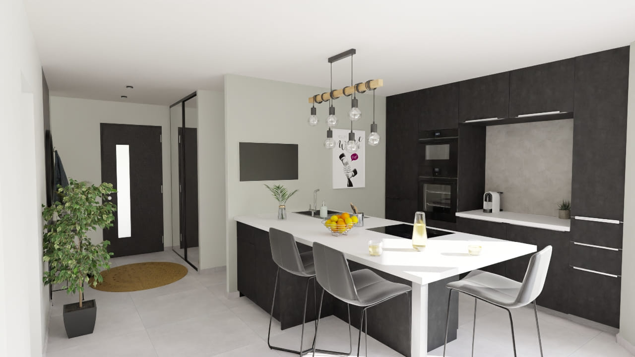 Cuisine moderne épurée avec îlot central et chaises design