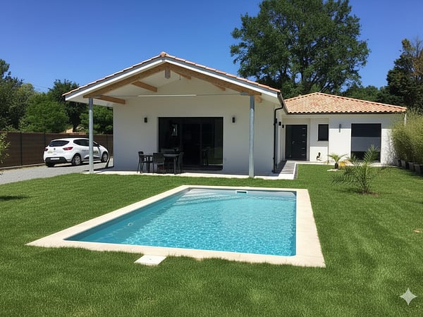 Terrasse couverte orientée sur l'espace de vie du jardin